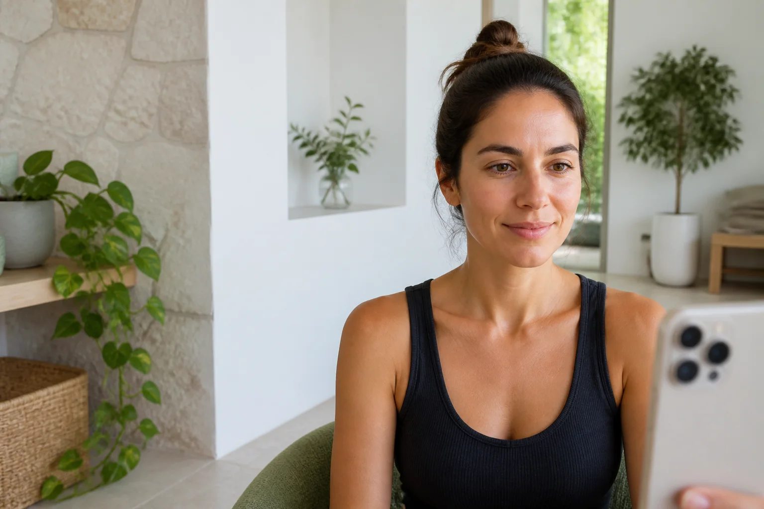 A woman holding a phone during a personal wellness check-in