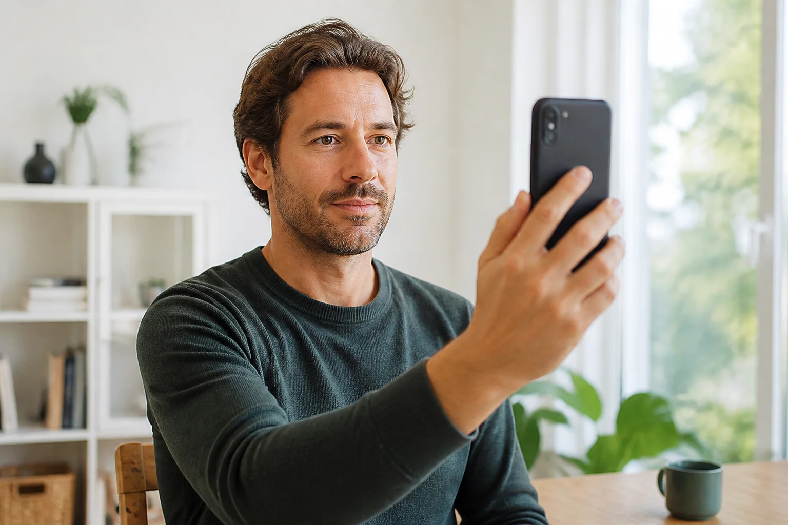 A person holding a phone while completing a face scan in soft light